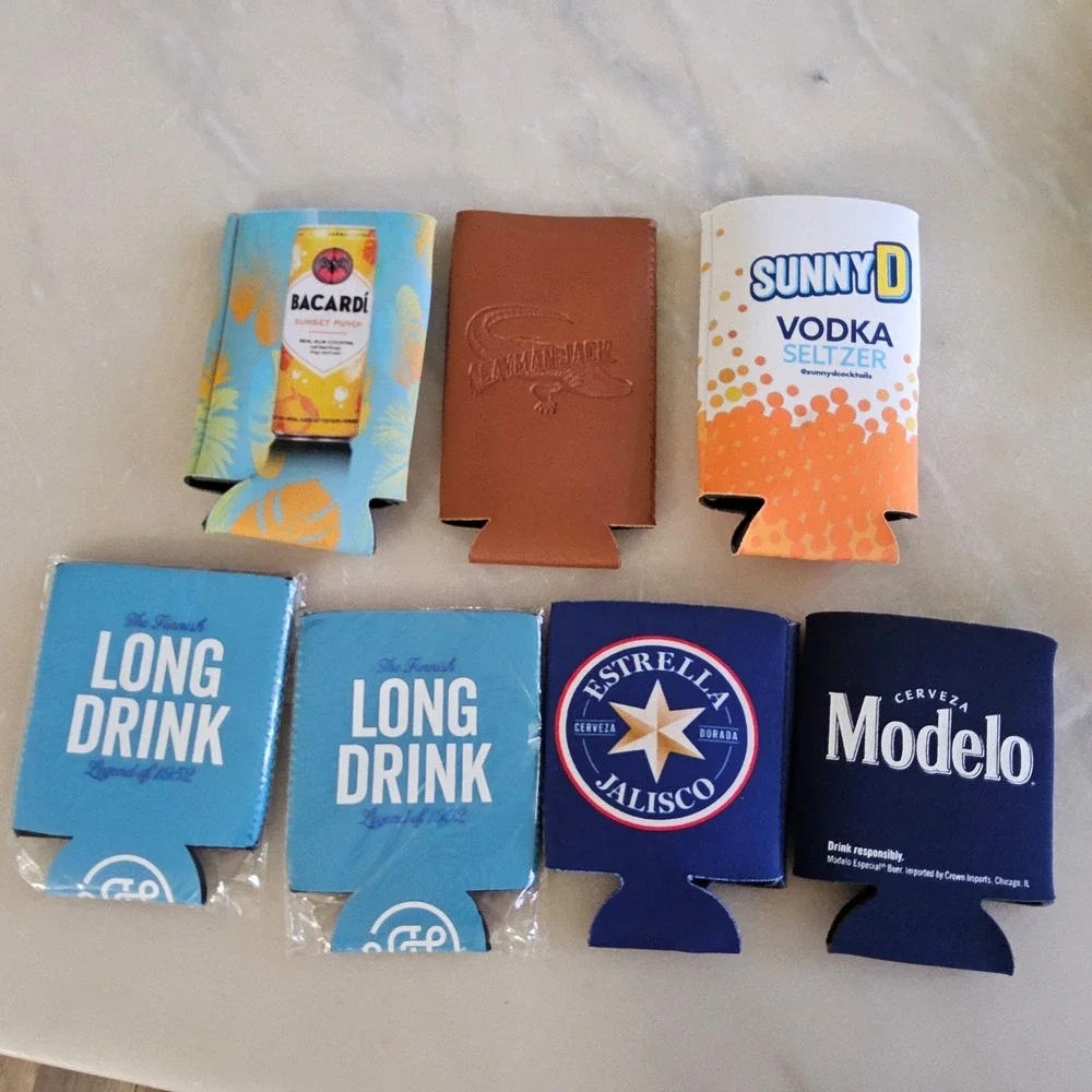 Lot of 7 Beer Can Coolers Koozies Bacardi Sunny D Modelo Long‎ Drink
